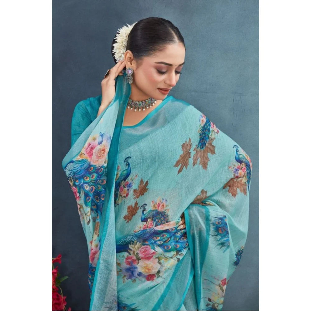 Women's Linen Floral Printed Saree With Unstitched Blouse 5.5Mtr (Aqua)