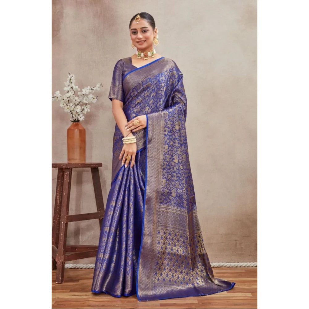 Women's Silk Blend Floral Printed Saree With Unstitched Blouse 5.5Mtr (Royal Blue)