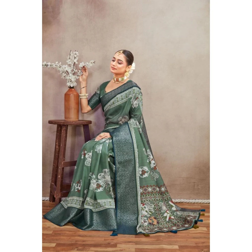 Women's Crepe Silk Printed Saree With Unstitched Blouse 5.5Mtr (Green)