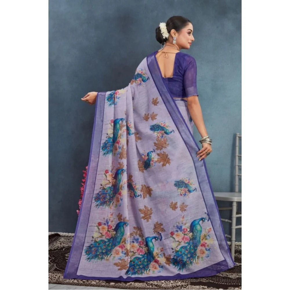 Women's Linen Floral Printed Saree With Unstitched Blouse 5.5Mtr (Purple)