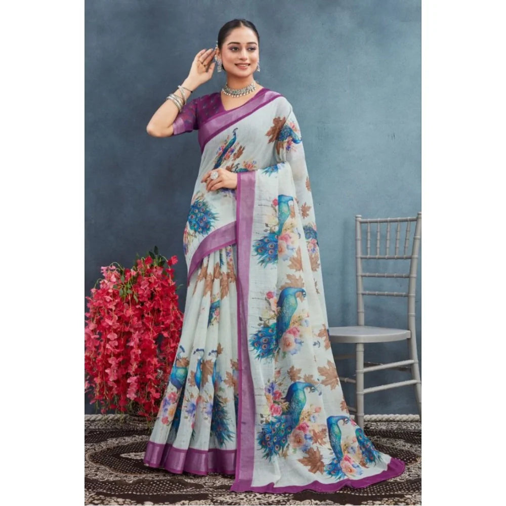 Women's Linen Floral Printed Saree With Unstitched Blouse 5.5Mtr (Magenta)
