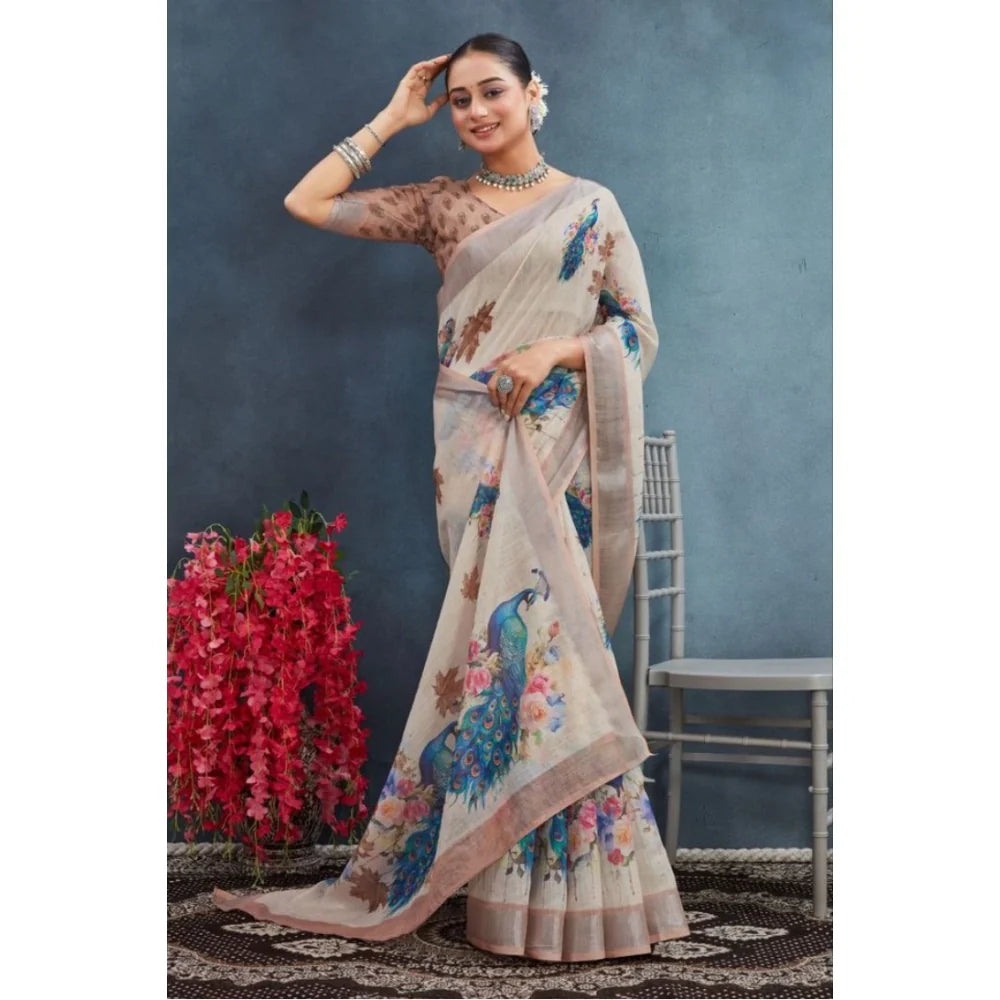 Women's Linen Floral Printed Saree With Unstitched Blouse 5.5Mtr (Beige)