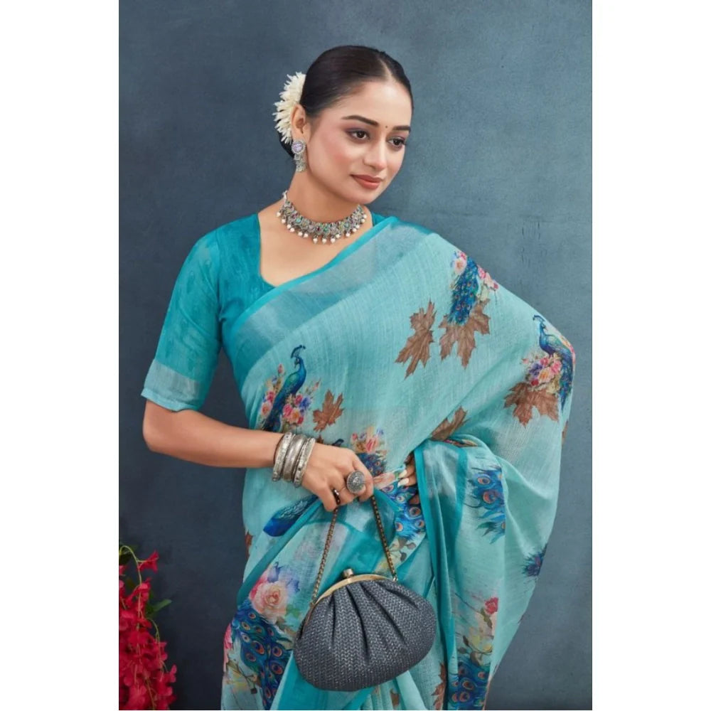 Women's Linen Floral Printed Saree With Unstitched Blouse 5.5Mtr (Aqua)