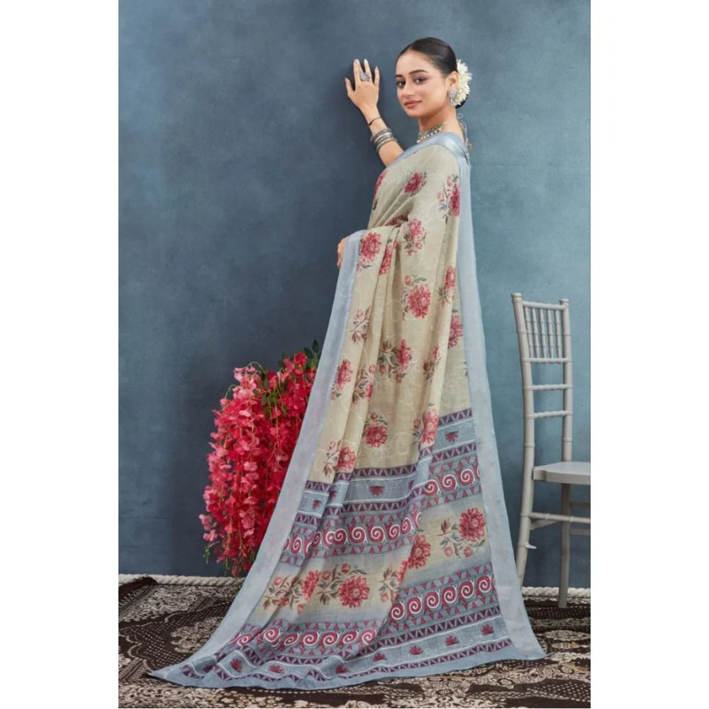 Women's Linen Floral Printed Saree With Unstitched Blouse 5.5Mtr (Beige)