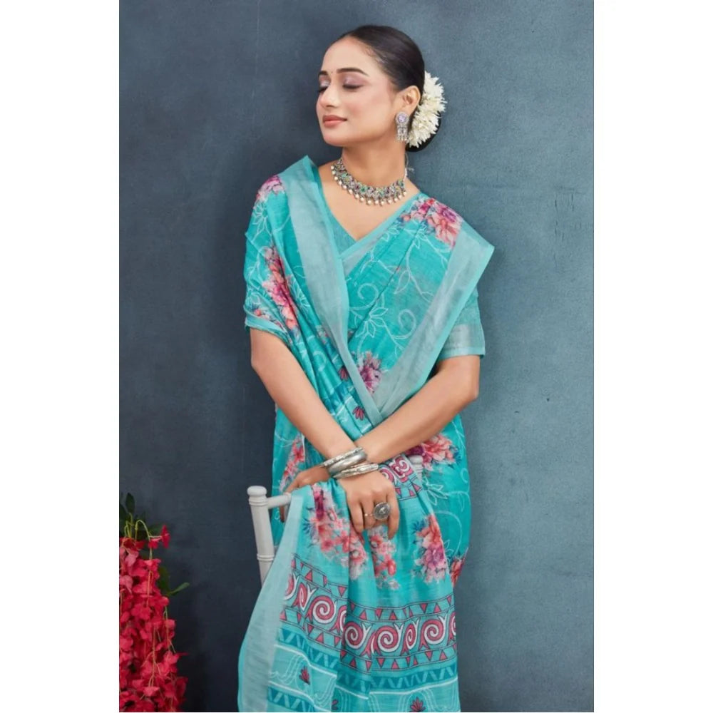 Women's Linen Floral Printed Saree With Unstitched Blouse 5.5Mtr (Aqua)