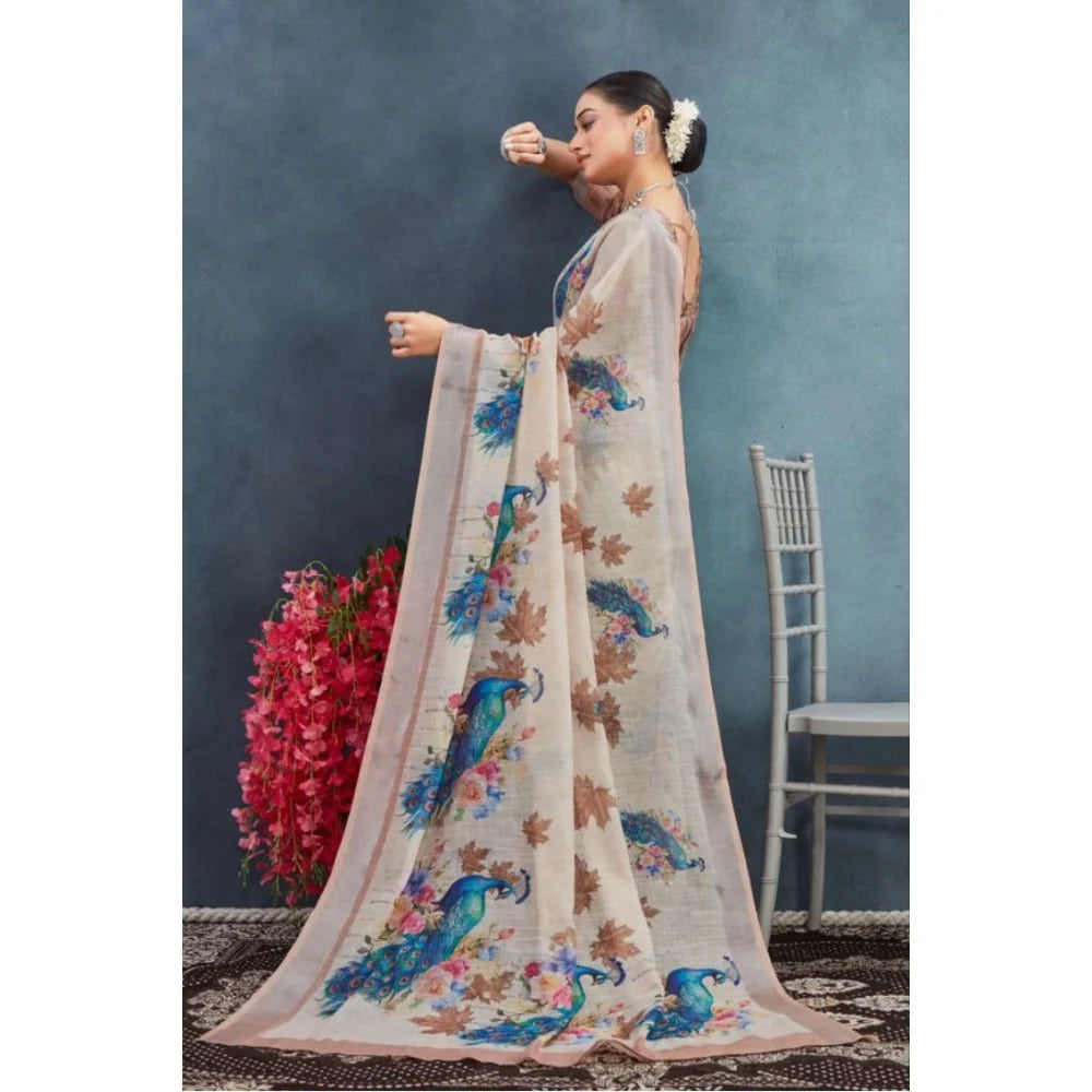 Women's Linen Floral Printed Saree With Unstitched Blouse 5.5Mtr (Beige)