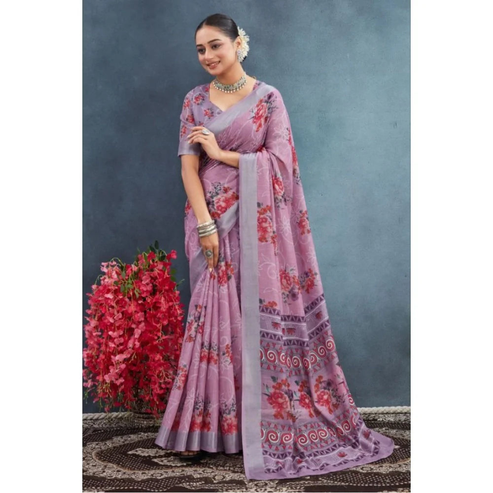 Women's Linen Floral Printed Saree With Unstitched Blouse 5.5Mtr (Purple)