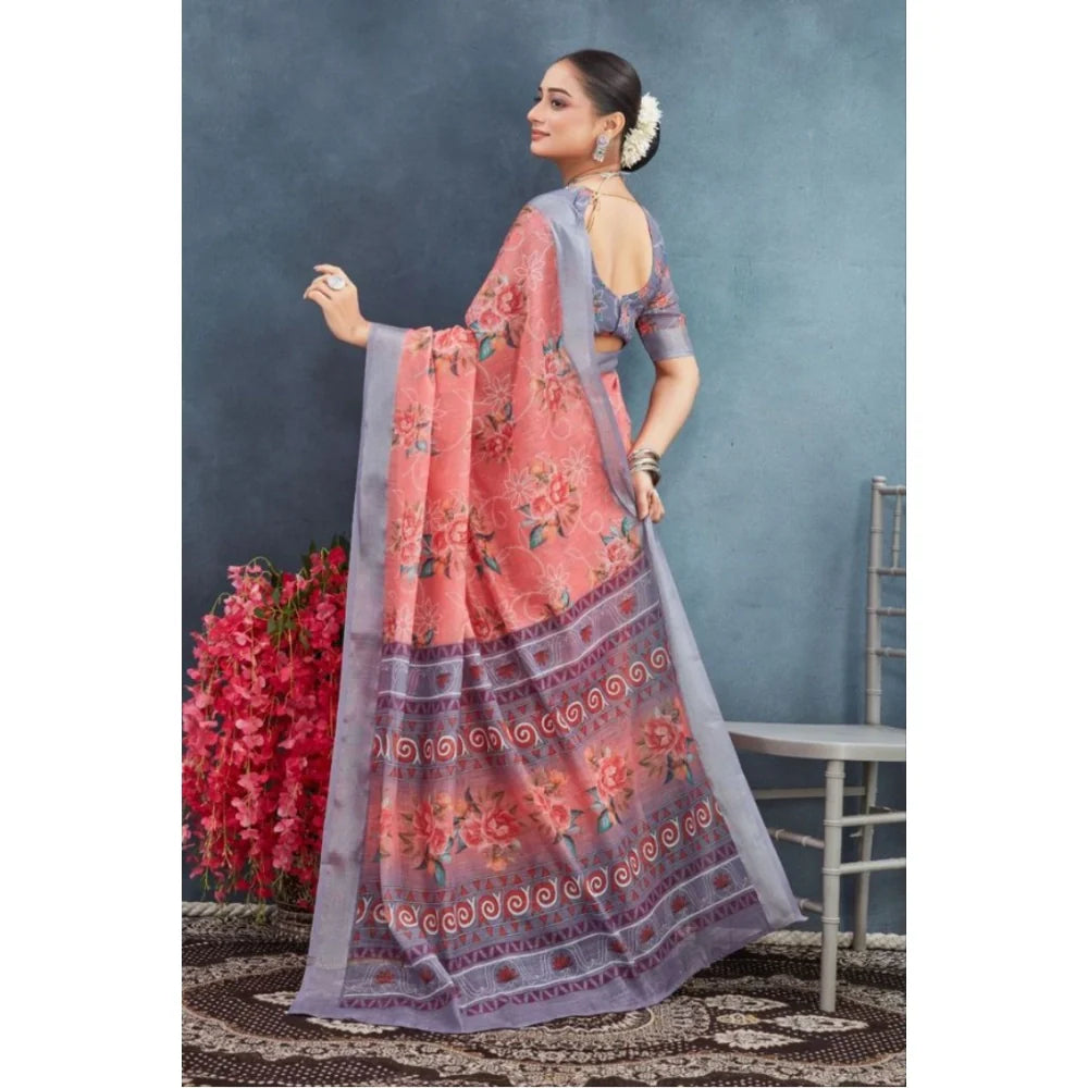 Women's Linen Floral Printed Saree With Unstitched Blouse 5.5Mtr (Peach)