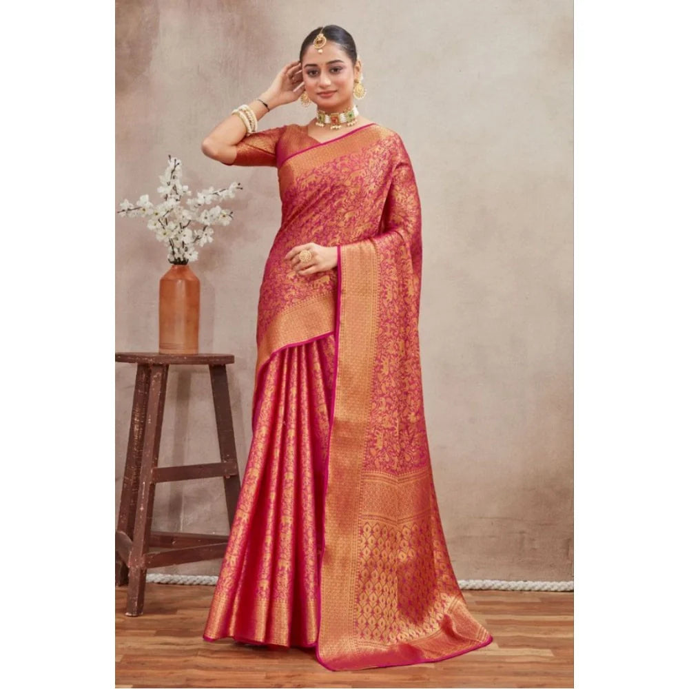 Women's Silk Blend Floral Printed Saree With Unstitched Blouse 5.5Mtr (Pink)