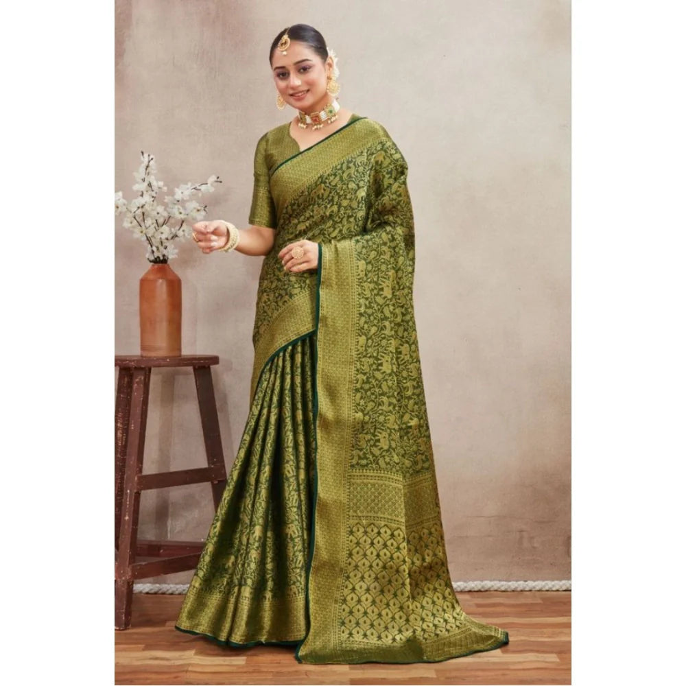 Women's Silk Blend Floral Printed Saree With Unstitched Blouse 5.5Mtr (Green)