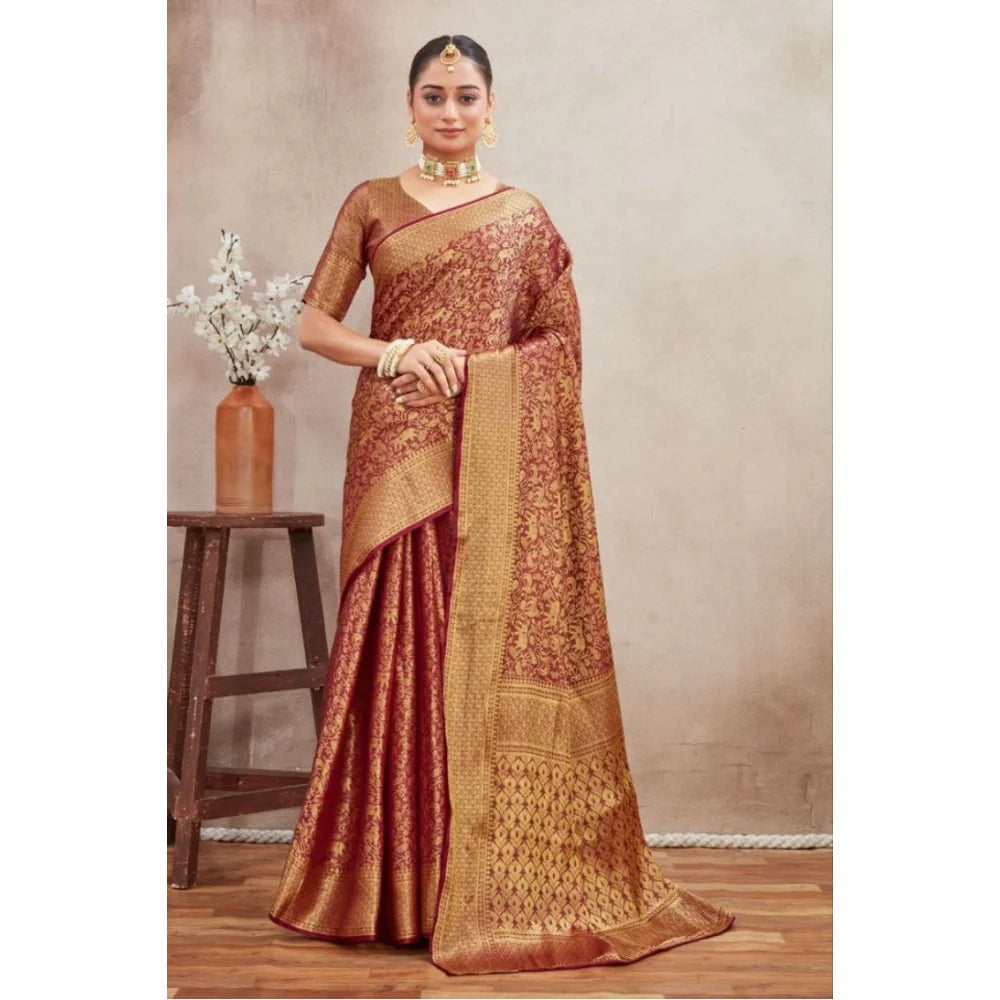 Women's Silk Blend Floral Printed Saree With Unstitched Blouse 5.5Mtr (Brown)