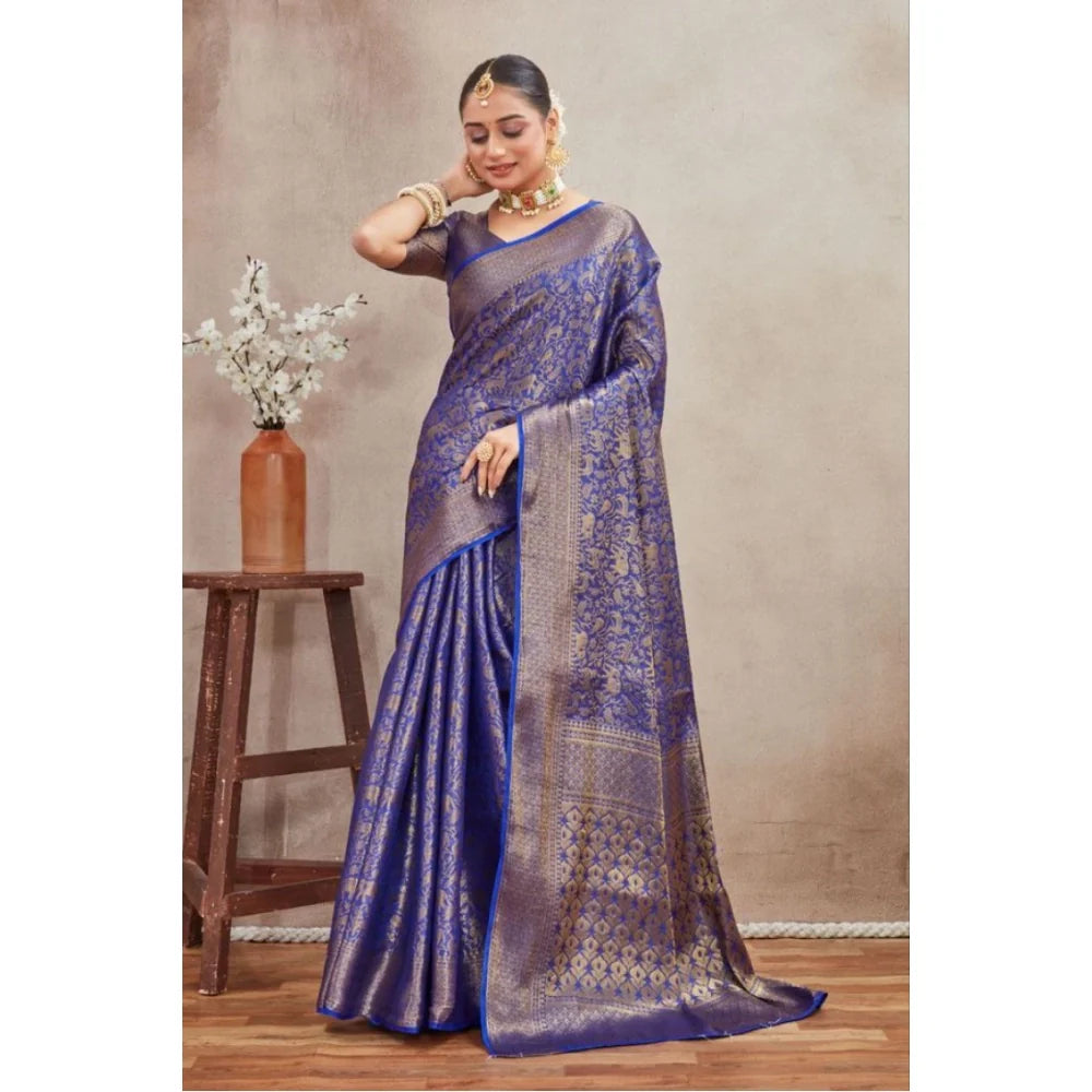 Women's Silk Blend Floral Printed Saree With Unstitched Blouse 5.5Mtr (Royal Blue)