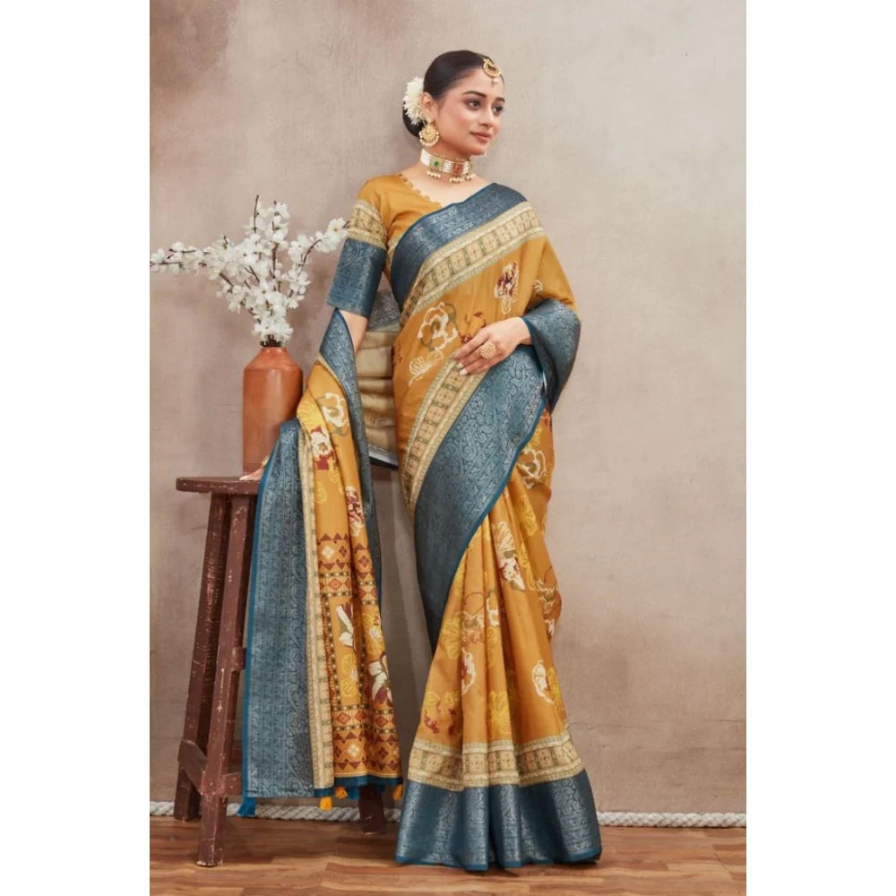Women's Crepe Silk Printed Saree With Unstitched Blouse 5.5Mtr (Mustard)