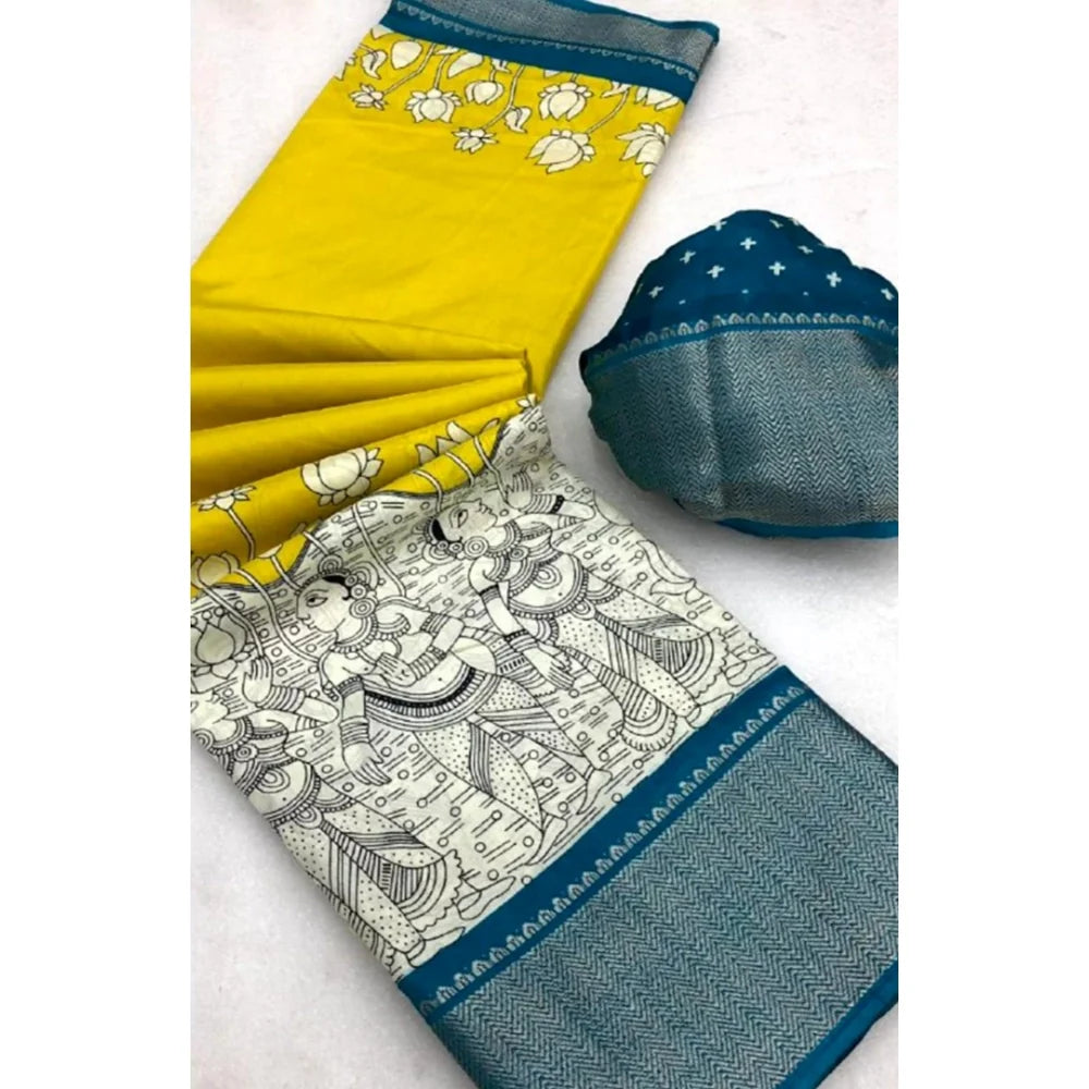 Women's Dola Silk Printed Saree With Unstitched Blouse 5.5Mtr (Yellow )