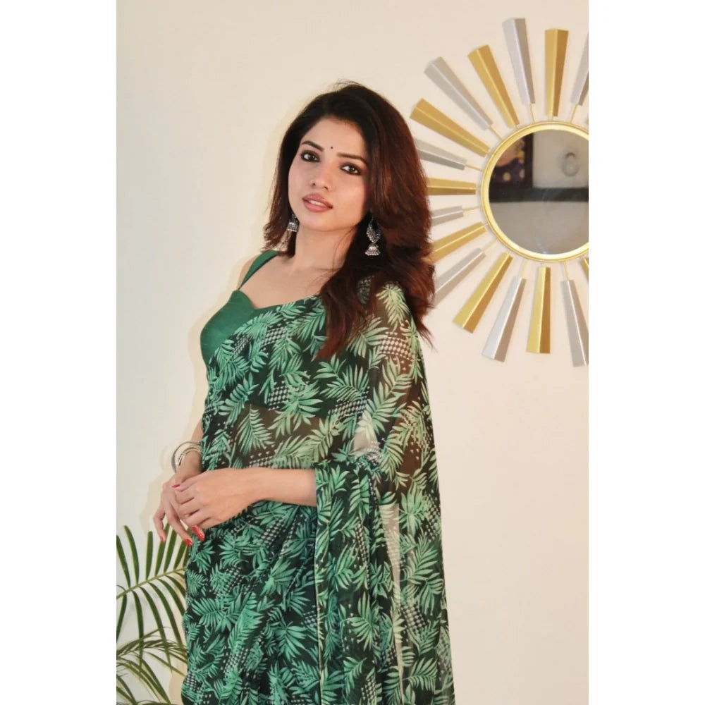 Women's Georgette Printed Saree With Unstitched Blouse 5.5Mtr (Dark Green )