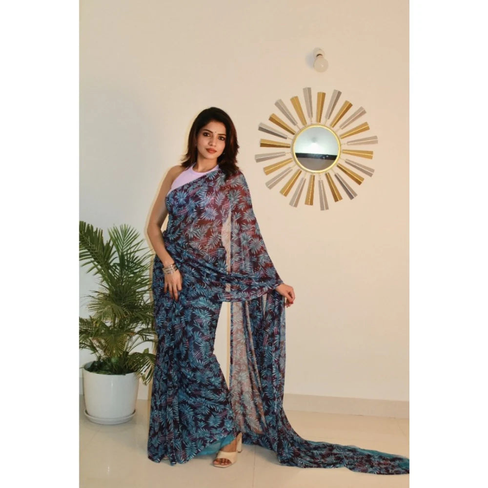 Women's Georgette Printed Saree With Unstitched Blouse 5.5Mtr (Light Blue )