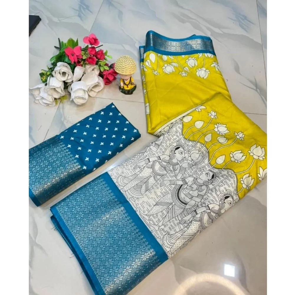 Women's Dola Silk Printed Saree With Unstitched Blouse 5.5Mtr (Yellow )