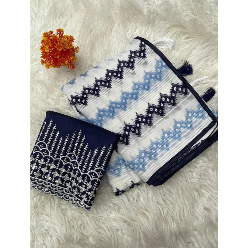 Women's Chiffon Printed Saree With Unstitched Blouse 5.5Mtr (Blue)