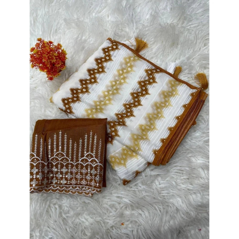 Women's Chiffon Printed Saree With Unstitched Blouse 5.5Mtr (Brown)