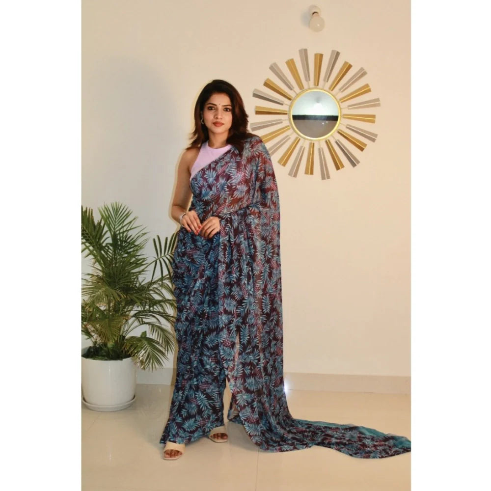 Women's Georgette Printed Saree With Unstitched Blouse 5.5Mtr (Light Blue )