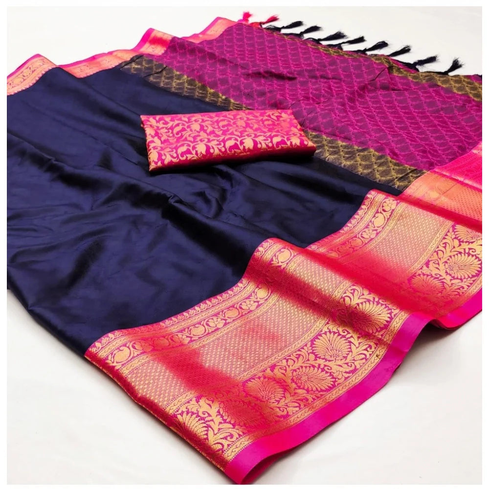 Women's Cotton Silk Floral Print Saree With Unstitched Blouse 5.5Mtr (Navy Blue)