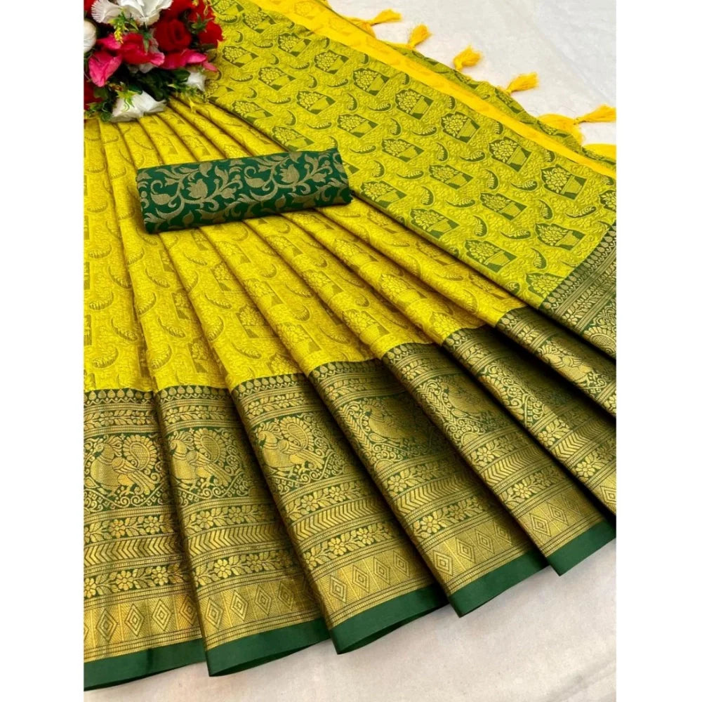 Women's Cotton Silk Printed Saree With Unstitched Blouse 5.5Mtr (Light Green)