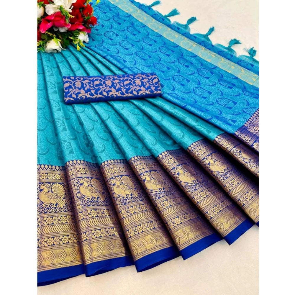 Women's Cotton Silk Printed Saree With Unstitched Blouse 5.5Mtr (Sky Blue)