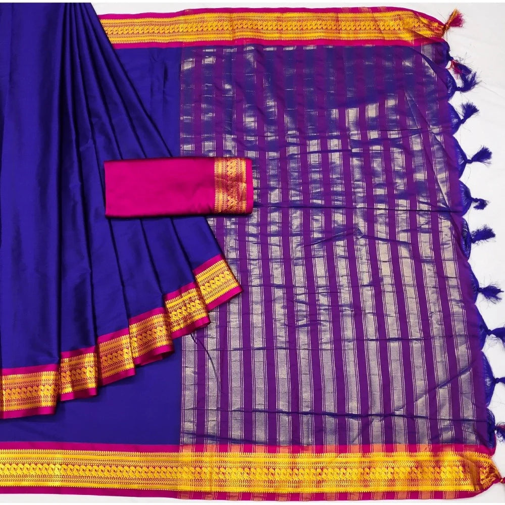Women's Cotton Silk Solid Saree With Unstitched Blouse 5.5Mtr (Blue)