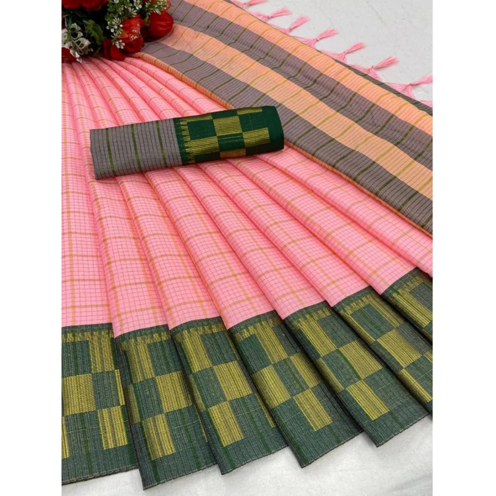 Women's Cotton Silk Printed Saree With Unstitched Blouse 5.5Mtr (Pink)