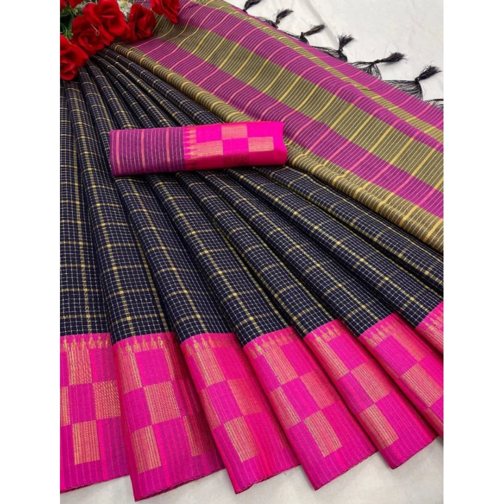 Women's Cotton Silk Printed Saree With Unstitched Blouse 5.5Mtr (Black)