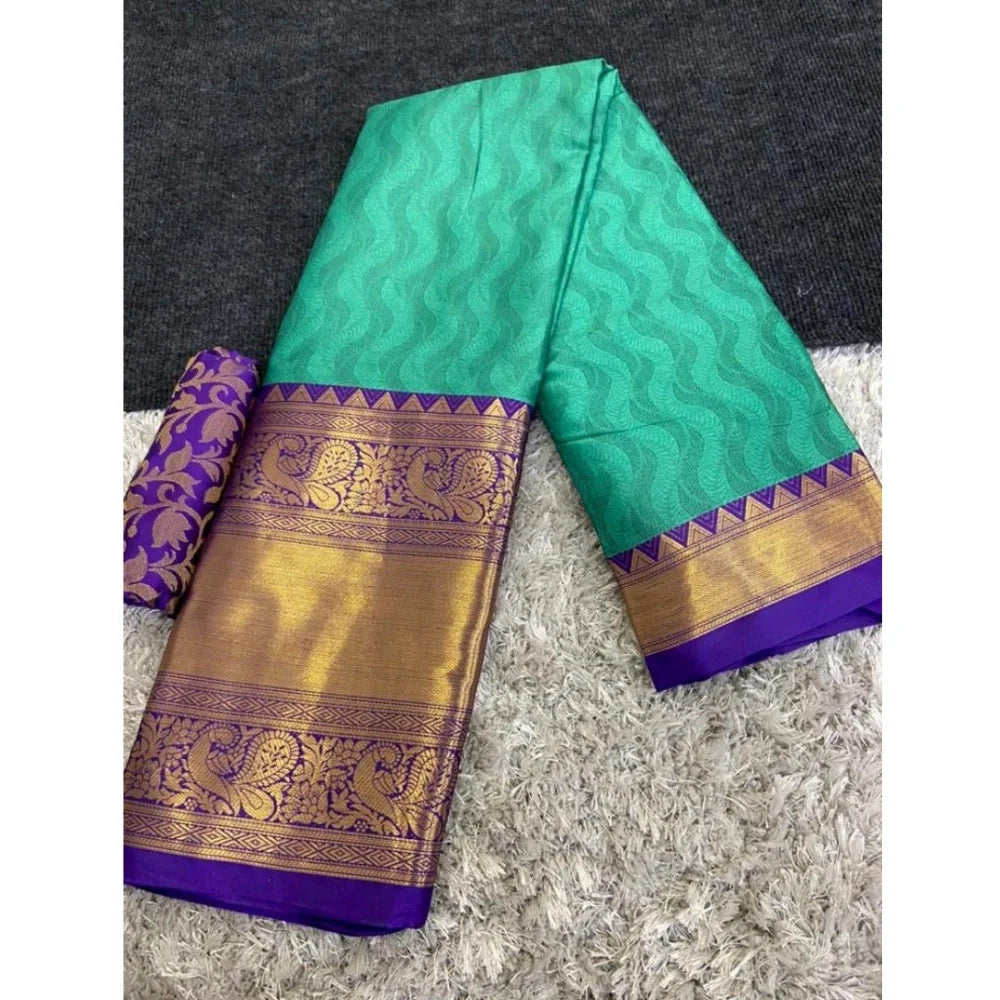 Women's Cotton Silk Printed Saree With Unstitched Blouse 5.5Mtr (Blue)