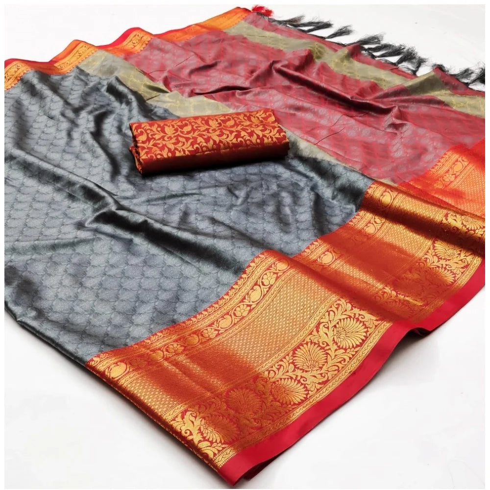Women's Cotton Silk Floral Print Saree With Unstitched Blouse 5.5Mtr (Grey)