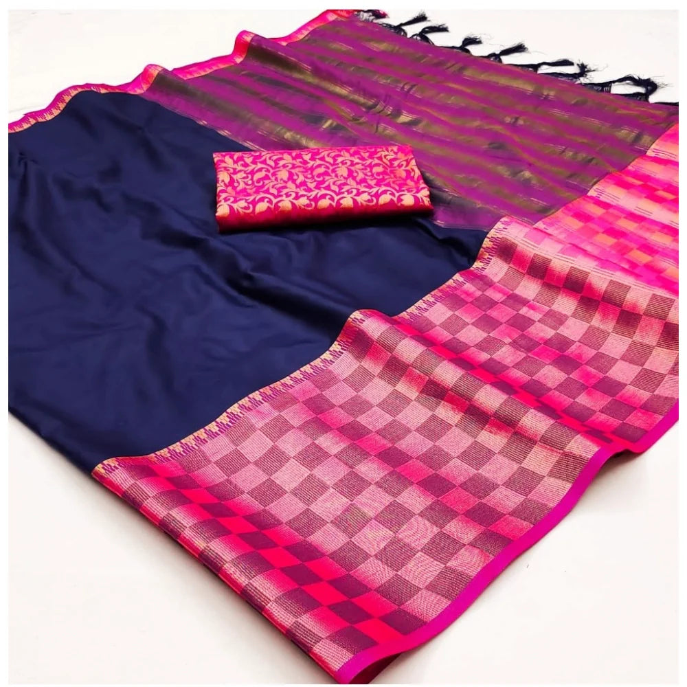 Women's Cotton Silk Checkered Saree With Unstitched Blouse 5.5Mtr (Blue)