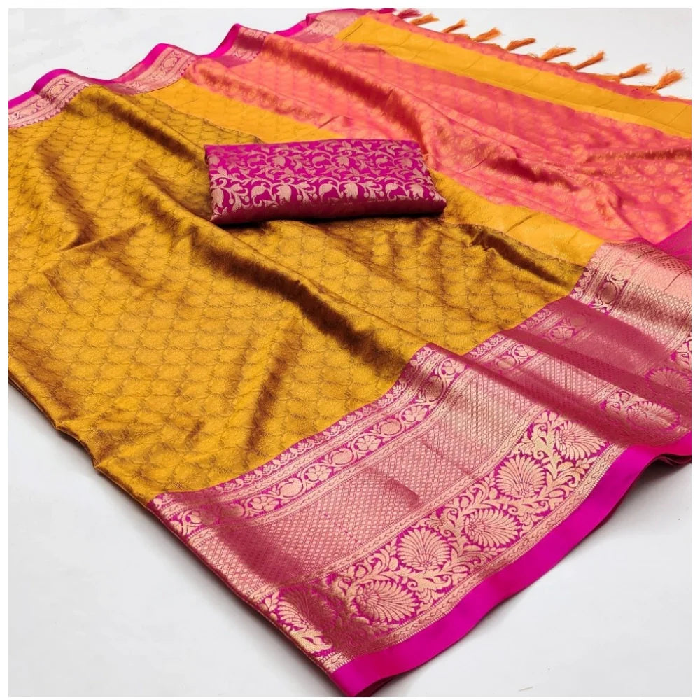 Women's Cotton Silk Floral Print Saree With Unstitched Blouse 5.5Mtr (Mustard)