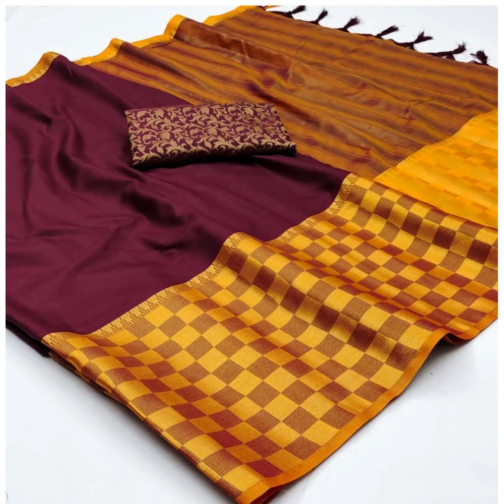 Women's Cotton Silk Checkered Saree With Unstitched Blouse 5.5Mtr (Maroon)