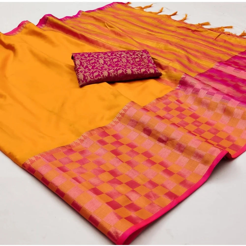 Women's Cotton Silk Checkered Saree With Unstitched Blouse 5.5Mtr (Orange)