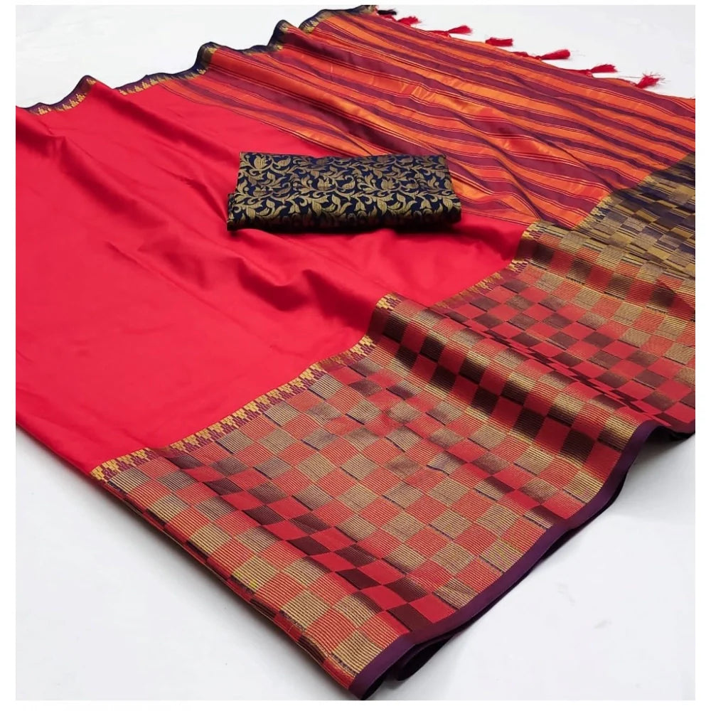 Women's Cotton Silk Checkered Saree With Unstitched Blouse 5.5Mtr (Red)