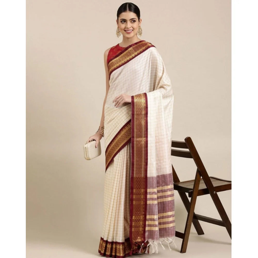 Women's Cotton Silk Checkered Saree With Unstitched Blouse 5.5Mtr (Maroon)