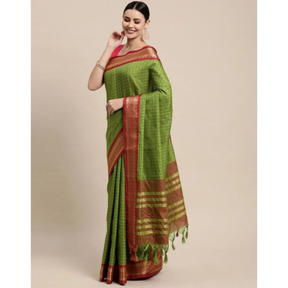 Women's Cotton Silk Checkered Saree With Unstitched Blouse 5.5Mtr (Mehendi)