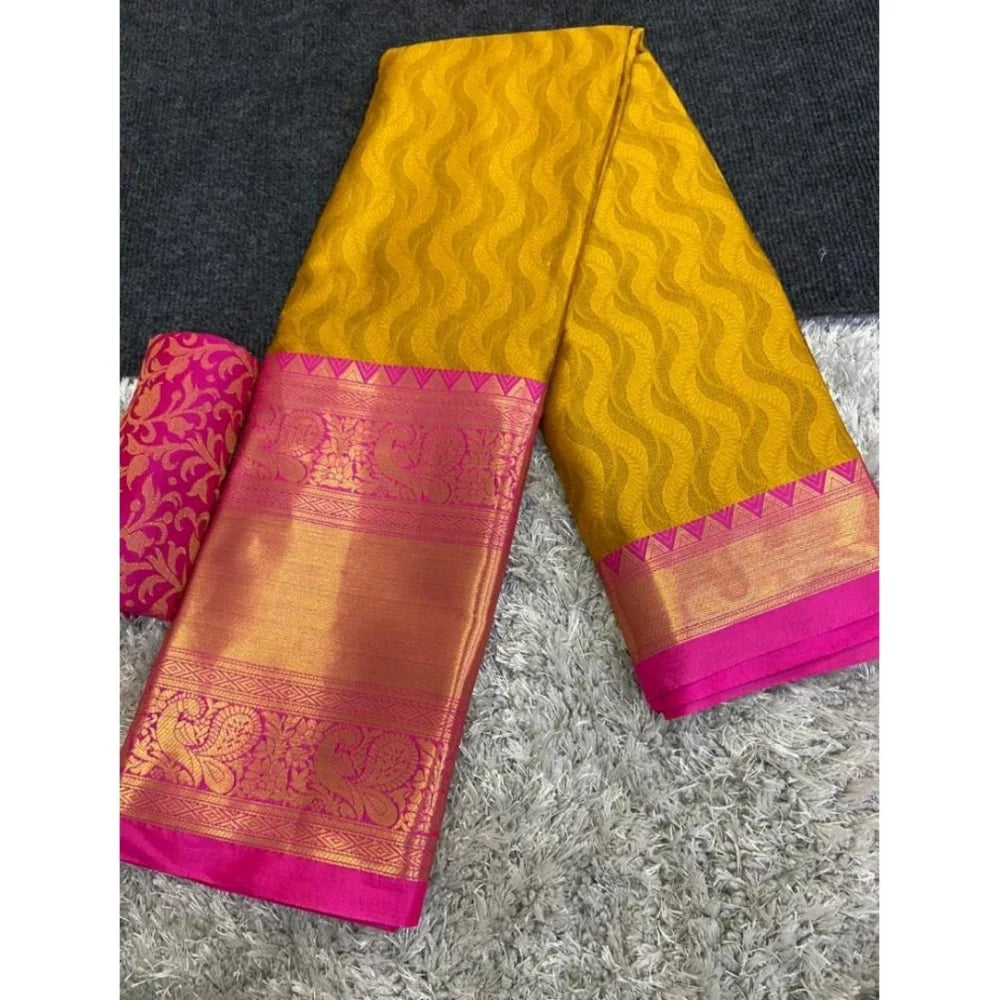 Women's Cotton Silk Printed Saree With Unstitched Blouse 5.5Mtr (Mustard)