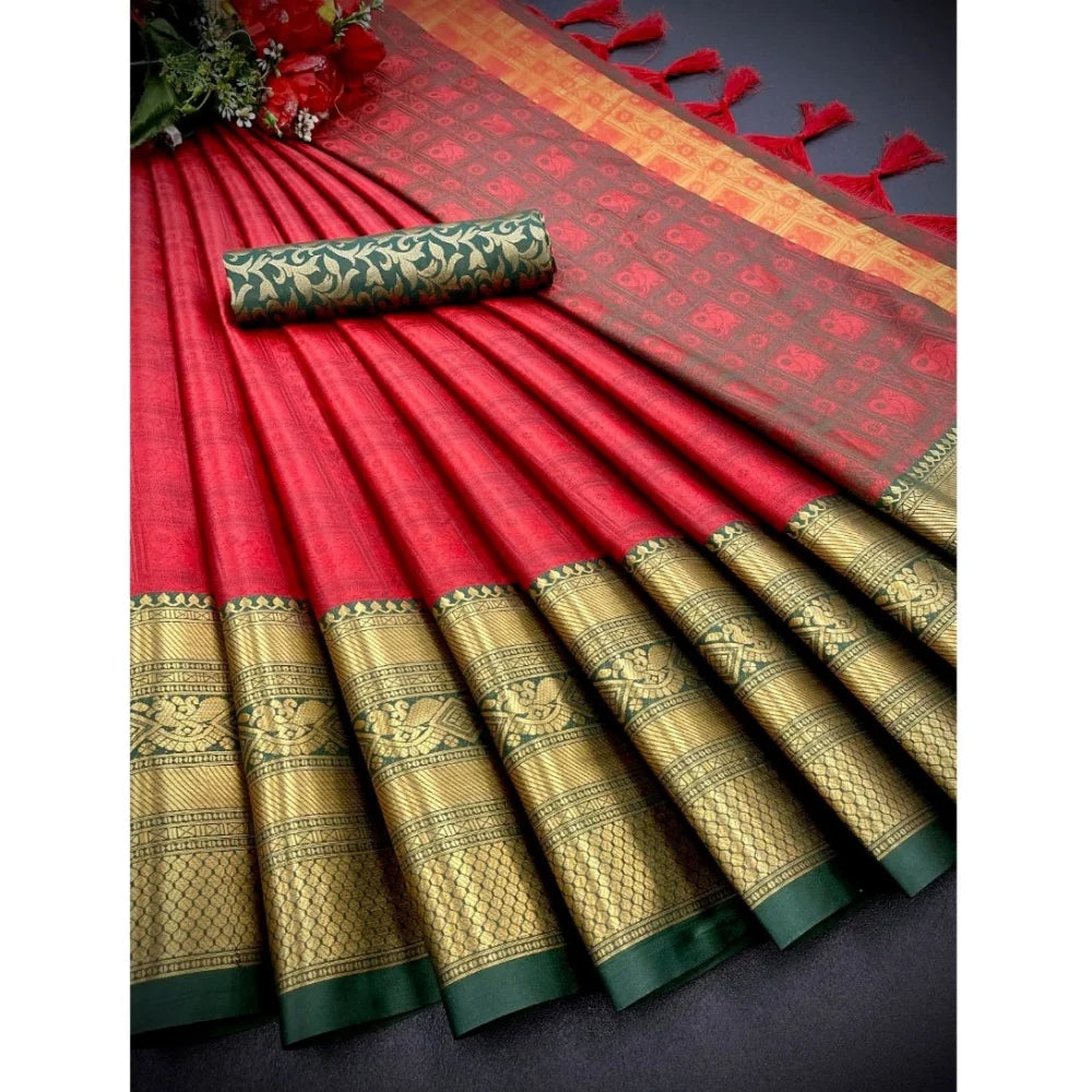 Women's Cotton Silk Printed Saree With Unstitched Blouse 5.5Mtr (Red)