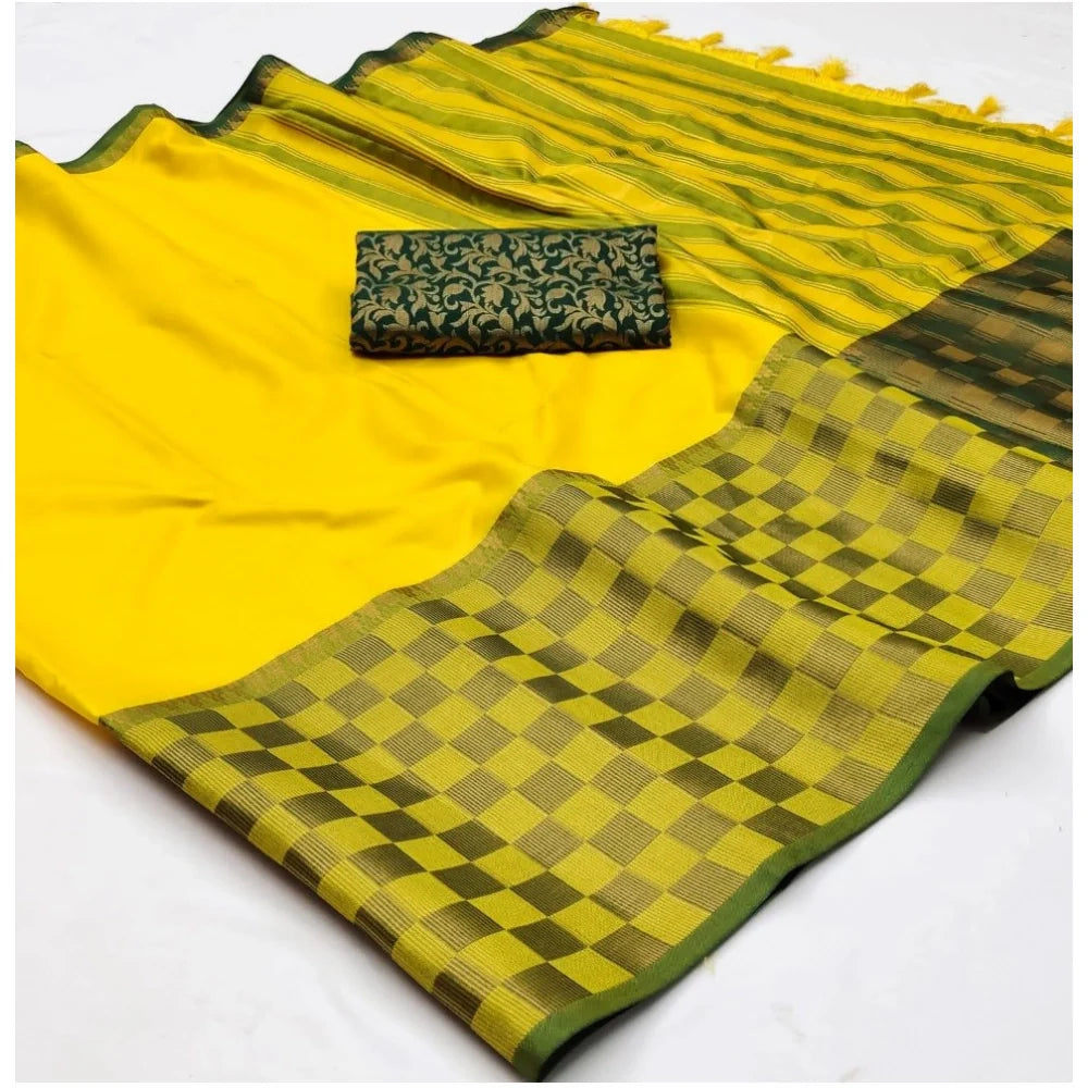 Women's Cotton Silk Checkered Saree With Unstitched Blouse 5.5Mtr (Yellow)