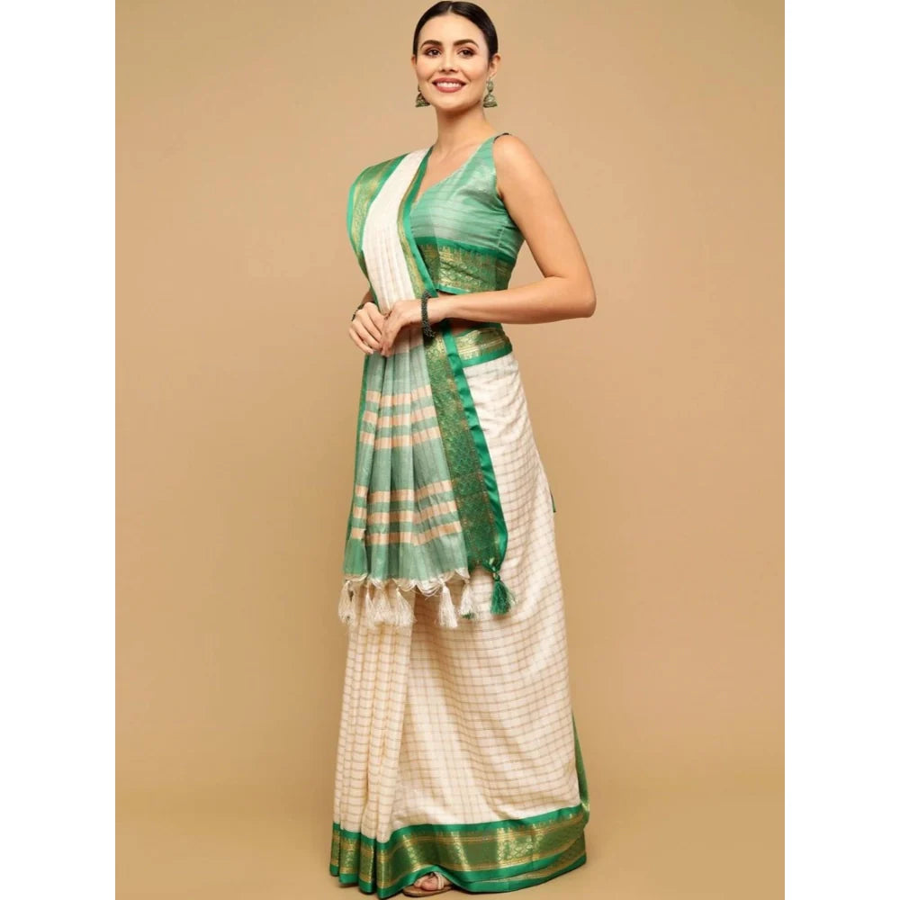 Women's Cotton Silk Checkered Saree With Unstitched Blouse 5.5Mtr (Green)