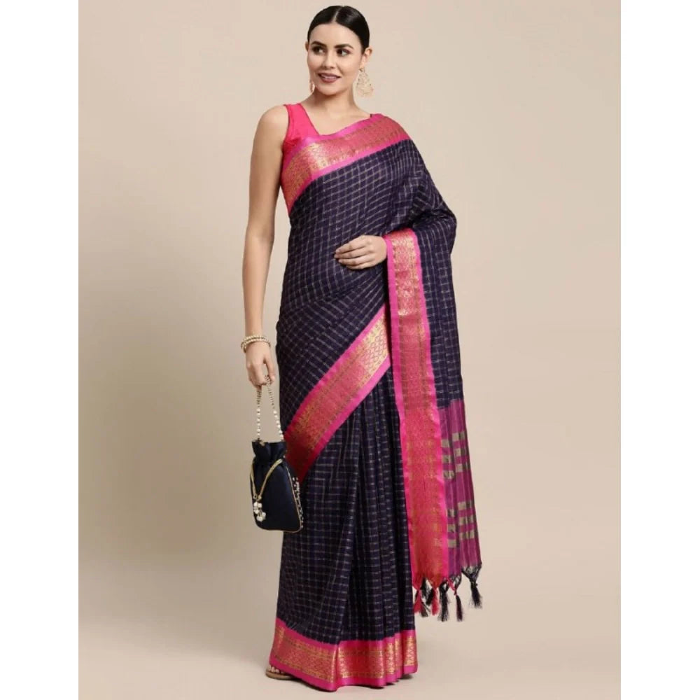Women's Cotton Silk Checkered Saree With Unstitched Blouse 5.5Mtr (Navy Blue)