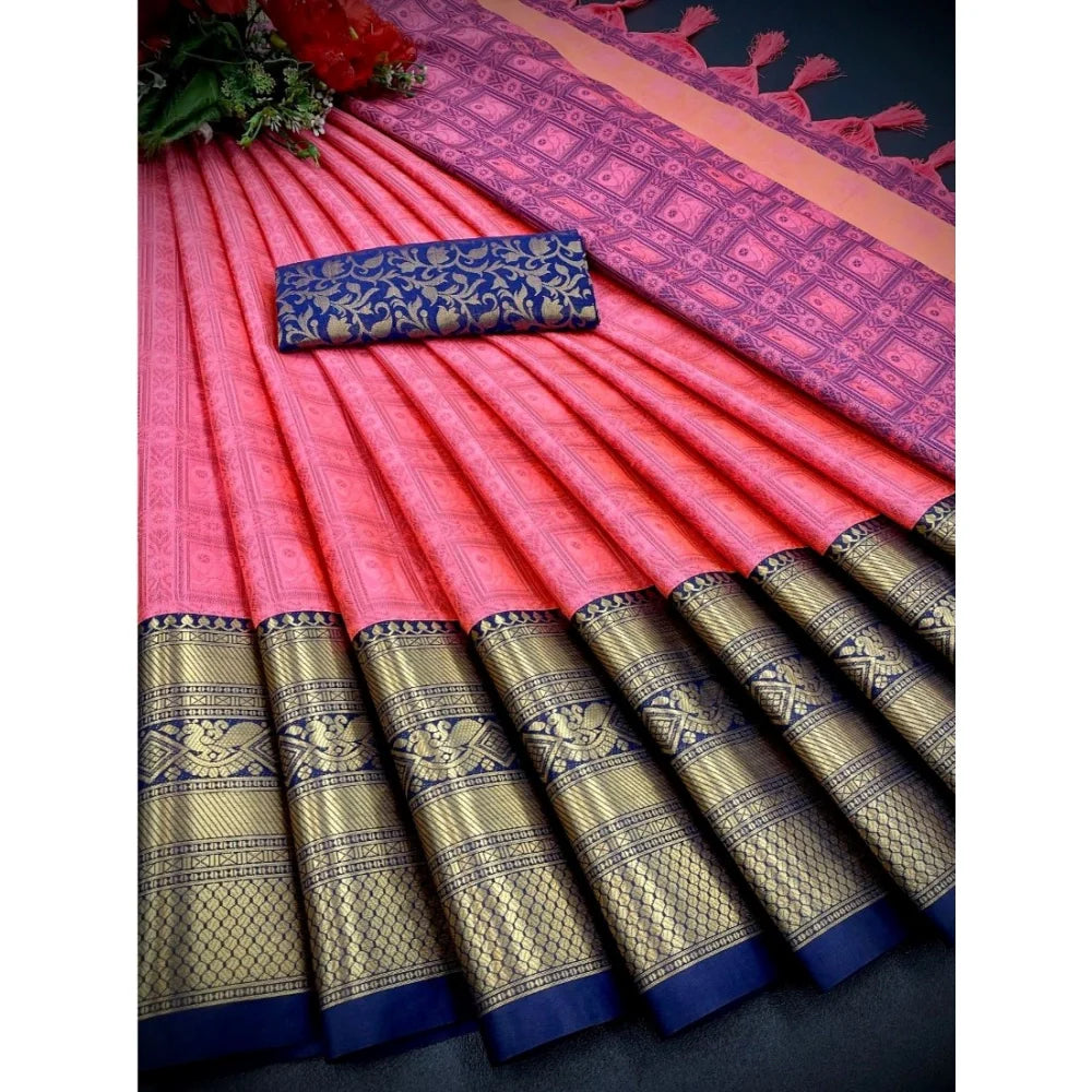 Women's Cotton Silk Printed Saree With Unstitched Blouse 5.5Mtr (Orange)