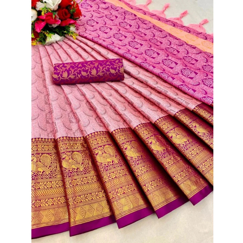 Women's Cotton Silk Printed Saree With Unstitched Blouse 5.5Mtr (Pink)