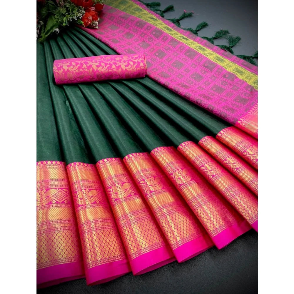 Women's Cotton Silk Printed Saree With Unstitched Blouse 5.5Mtr (Green)