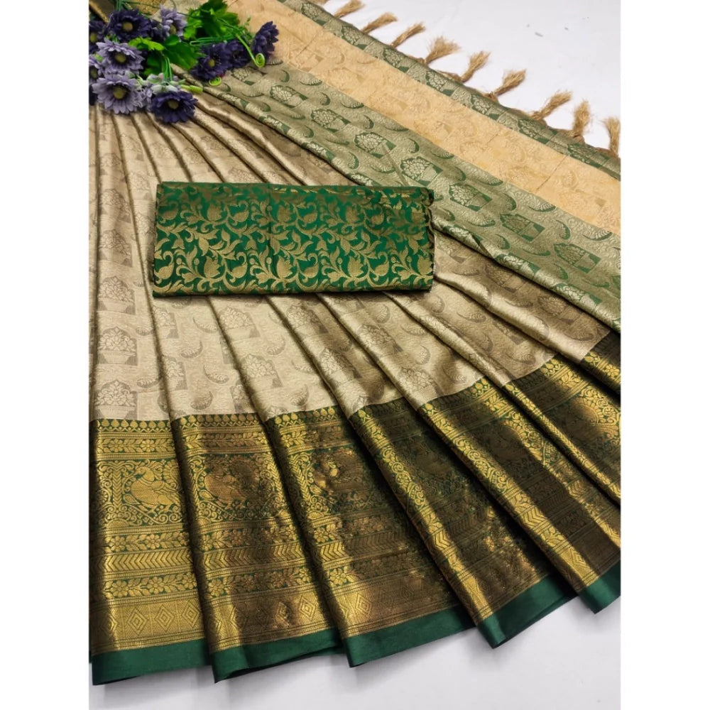 Women's Cotton Silk Printed Saree With Unstitched Blouse 5.5Mtr (Green)