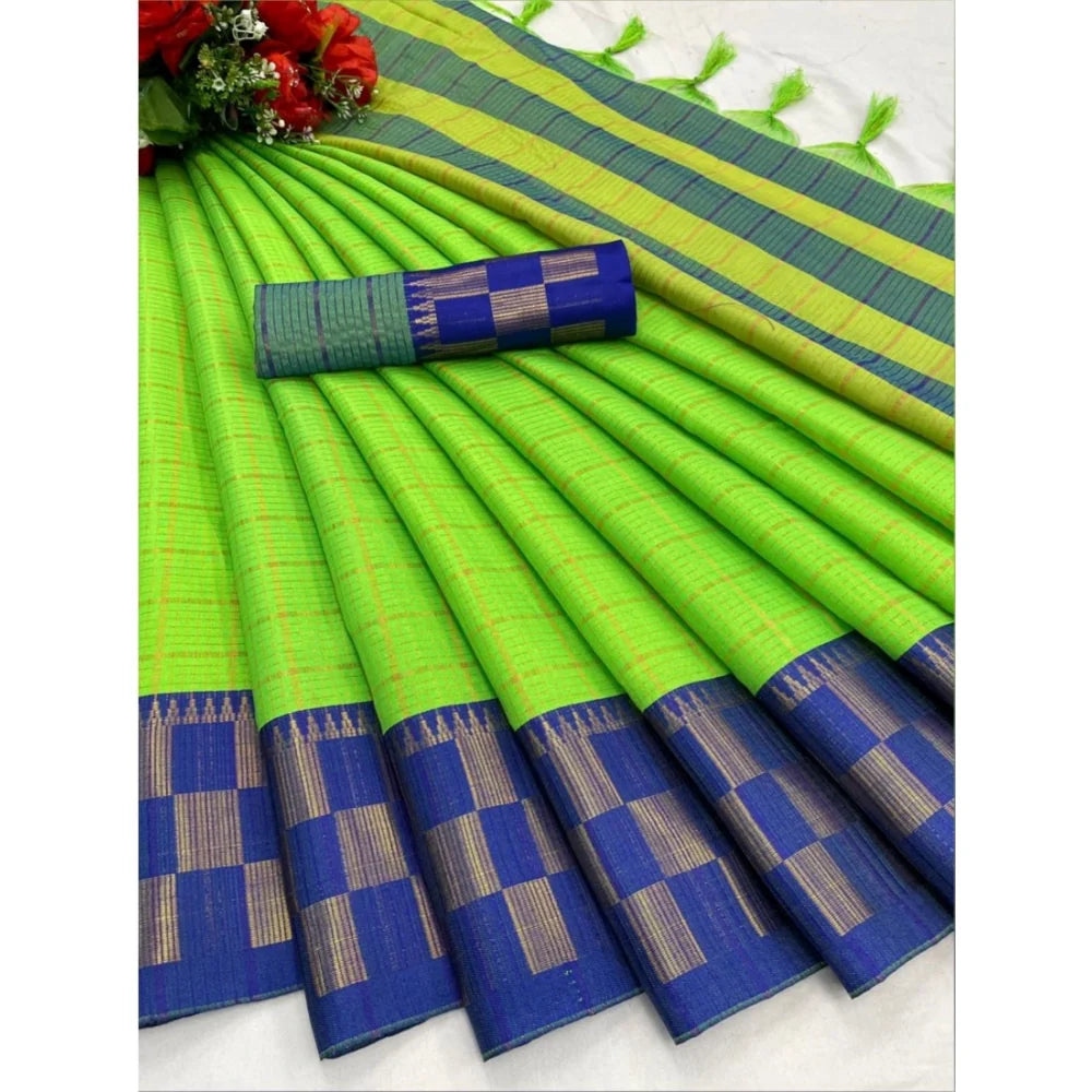 Women's Cotton Silk Printed Saree With Unstitched Blouse 5.5Mtr (Green-Blue)