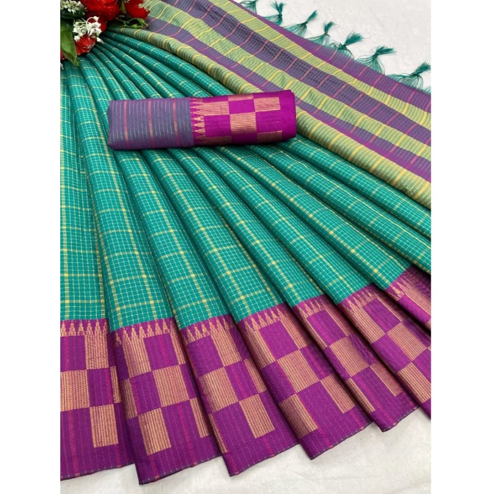 Women's Cotton Silk Printed Saree With Unstitched Blouse 5.5Mtr (Green-Purple)